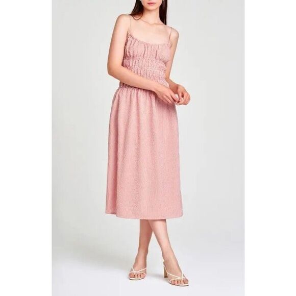 WAYF isabelle Dress Size Large Amber Shirred Seersucker Midi Striped Summer NEW - Picture 1 of 13